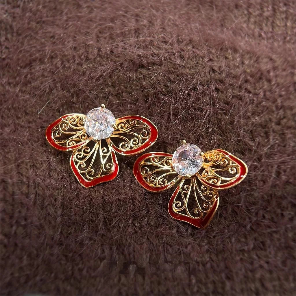 Vintage Floral Enamel Drip Glaze Hollow Zircon Copper Drop Earrings