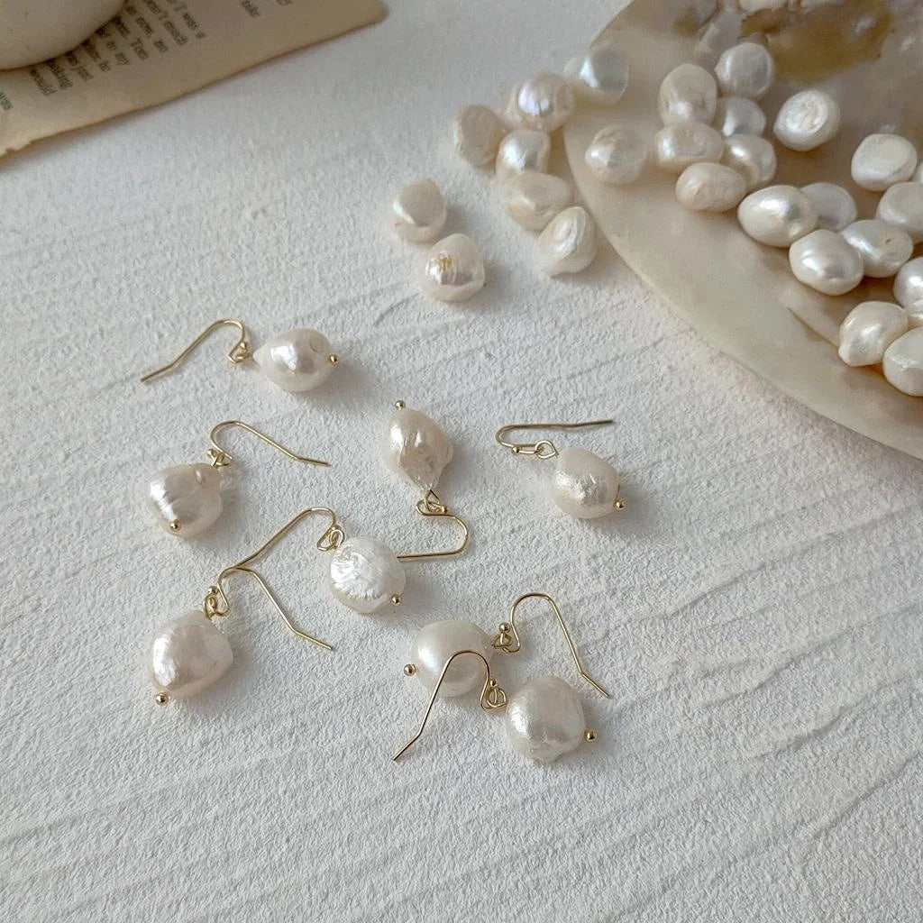 Handmade Baroque Natural Freshwater Pearl Drop Earrings Irregular Geometric Design for Women