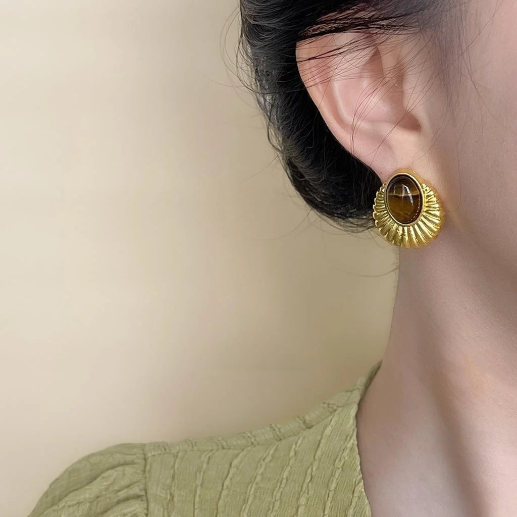 Vintage Tiger Eye Natural Stone Geometric Drop Earrings 14K Gold Plated Copper Ethnic Style