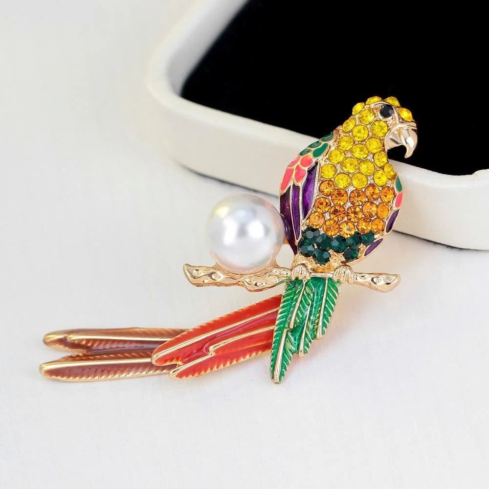 Elegant Crystal Rhinestone Enamel Parrot Brooch With Pearl, Luxury Women's Lapel Pin Corsage Suit Accessory Gift