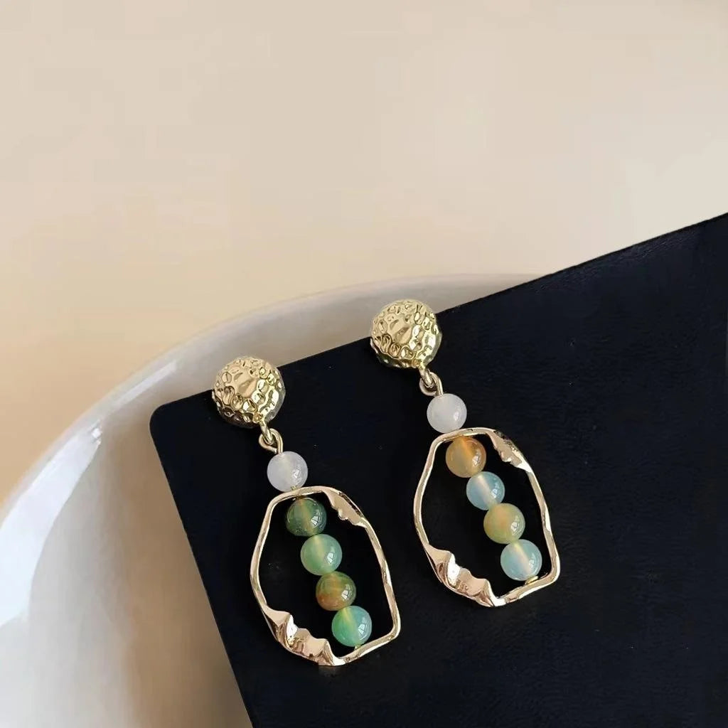 French Vintage Agate Beaded Irregular Hollow Hammered Metal Geometric Drop Earrings