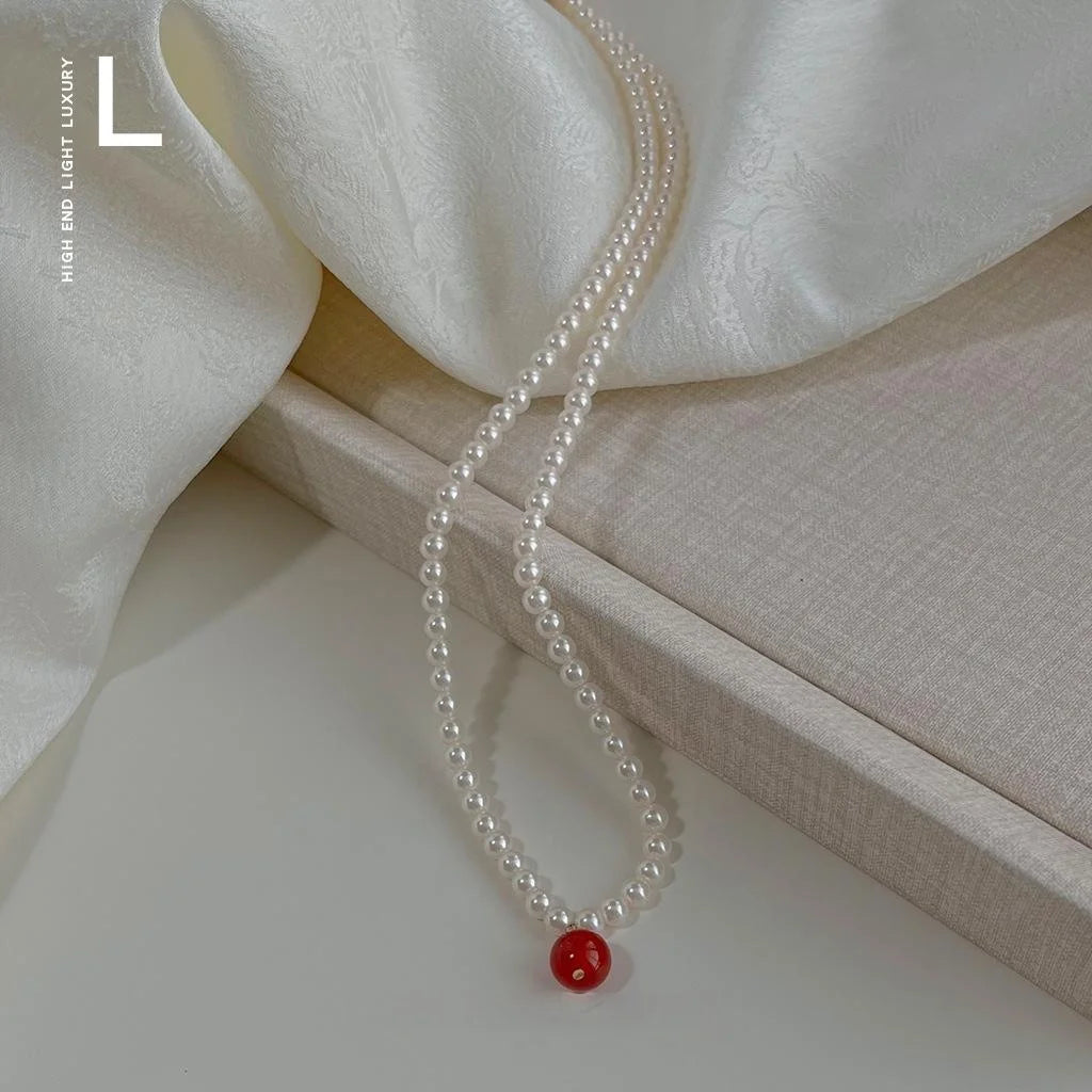 Light Luxury Red And Green Agate Glass Pearl Geometric Choker Necklace