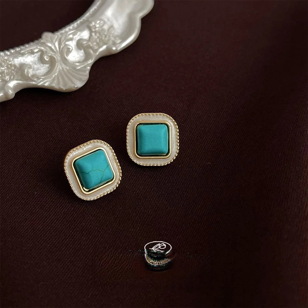 Vintage Court Style Square Geometric Copper Synthetic Turquoise Stud Earrings For Women