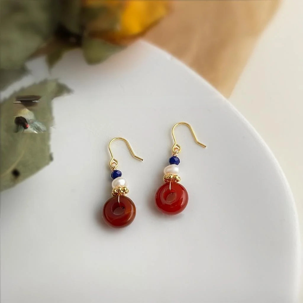 Freshwater Pearl Red Agate Geometric Hoop Drop Earrings Vintage Palace Style Handmade Jewelry