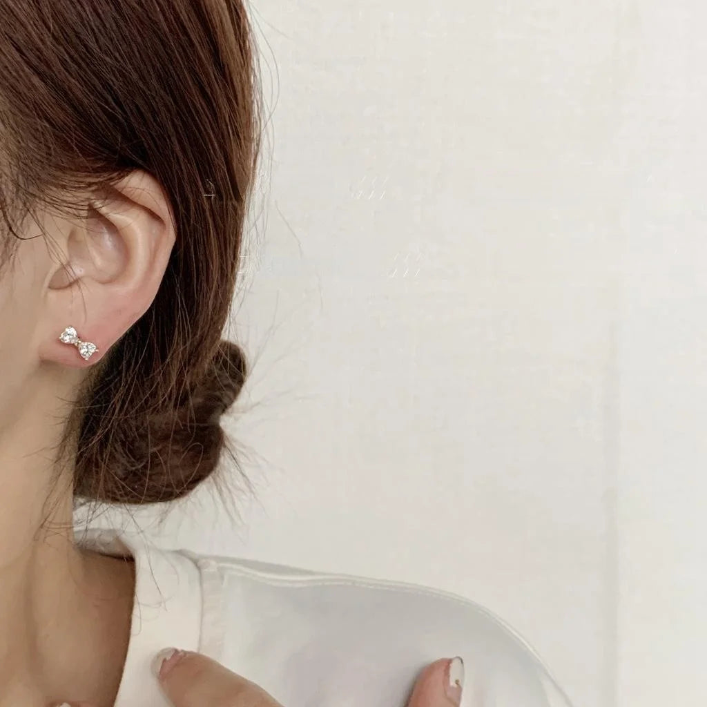 Cute 14K Plated Copper Micro Pave Zircon Bow Stud Earrings Korean Japanese Style