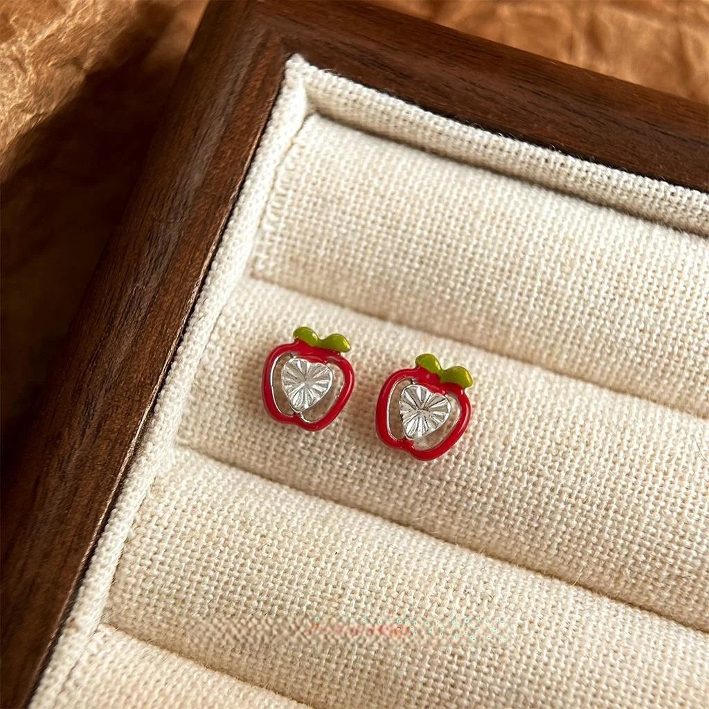 Cute Tiny Apple Stud Earrings Copper Fruit Design Forest Fresh Student Jewelry