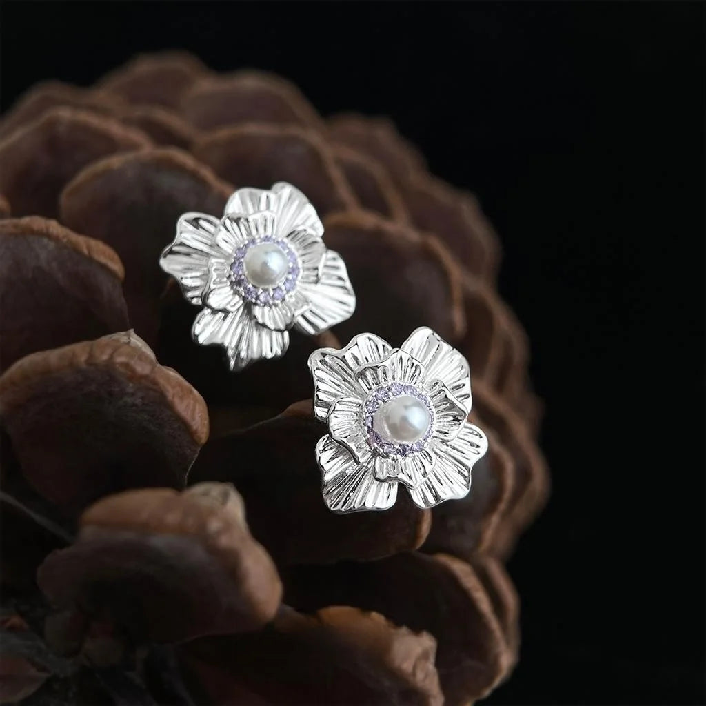 Silver Plated Copper Micro Pave Zircon 3D Flower Stud Earrings For Women New Chinese Style