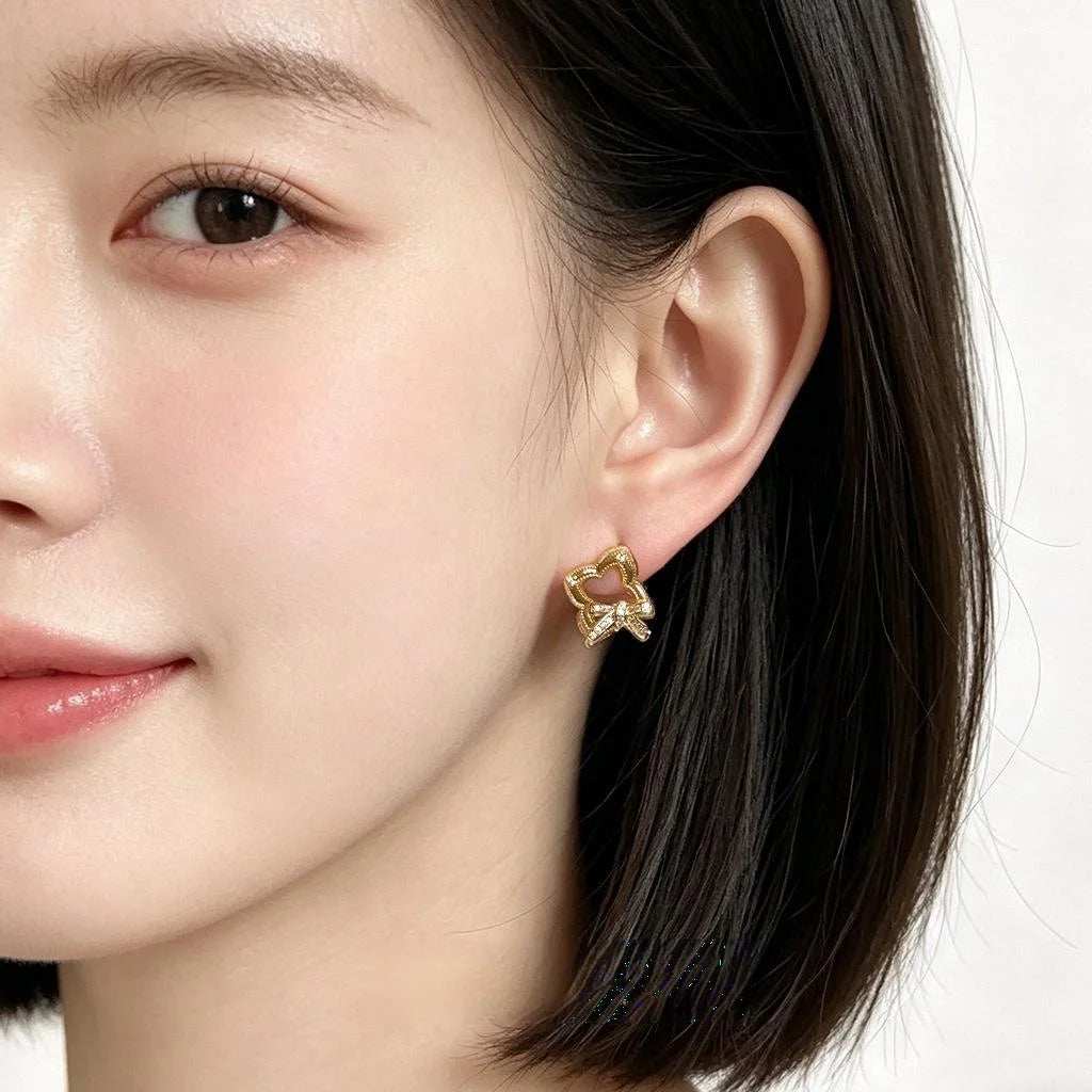 Light Luxury Micro Pave Zircon Hollow Geometric Bow Copper Stud Earrings With Silver Plated Pins