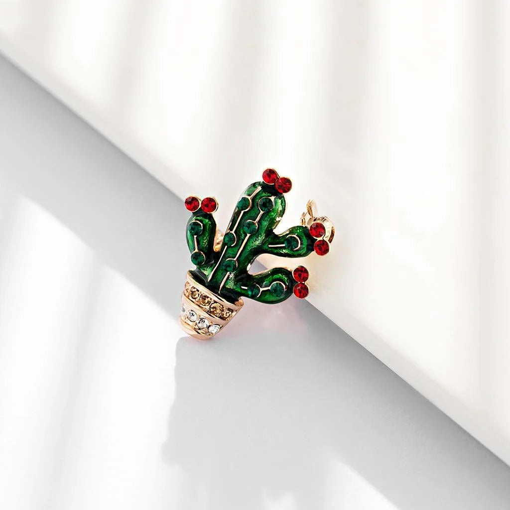 Cute Green Enamel Cactus Alloy Brooch With Rhinestone Accents, Creative Lapel Pin Corsage Gift