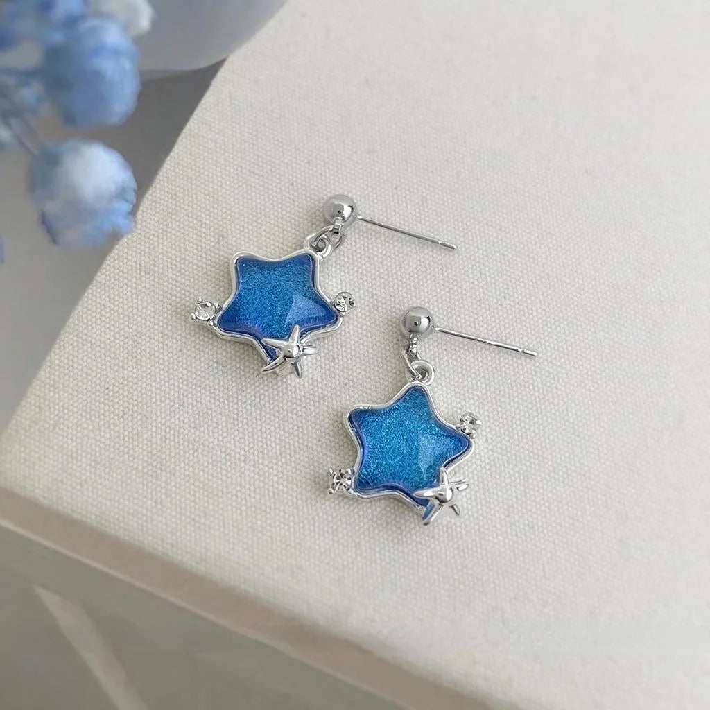 Fresh Sweet Blue Star Drop Earrings Copper Silver Plated Pin Niche Designer Jewelry For Women
