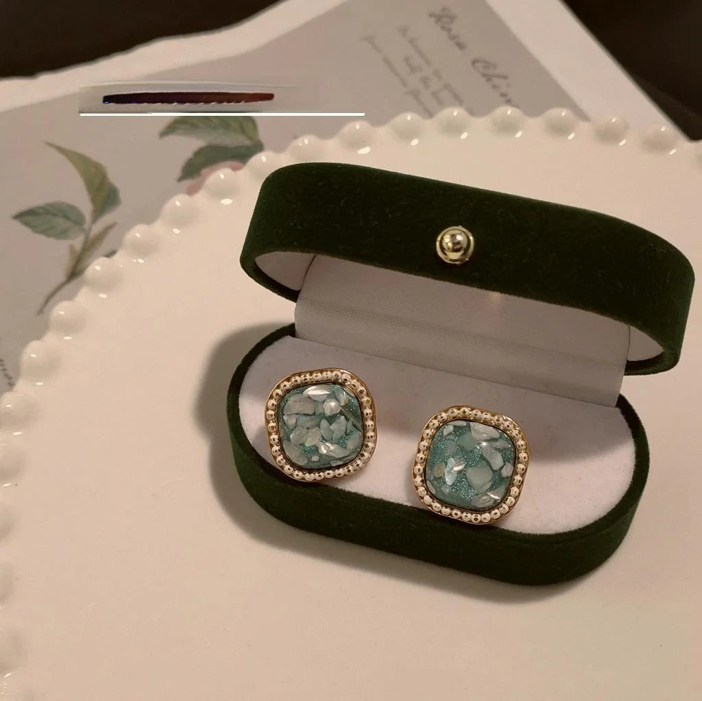 Vintage Green Geometric Square Crushed Shell Copper 14K Gold Plated Stud Earrings For Women