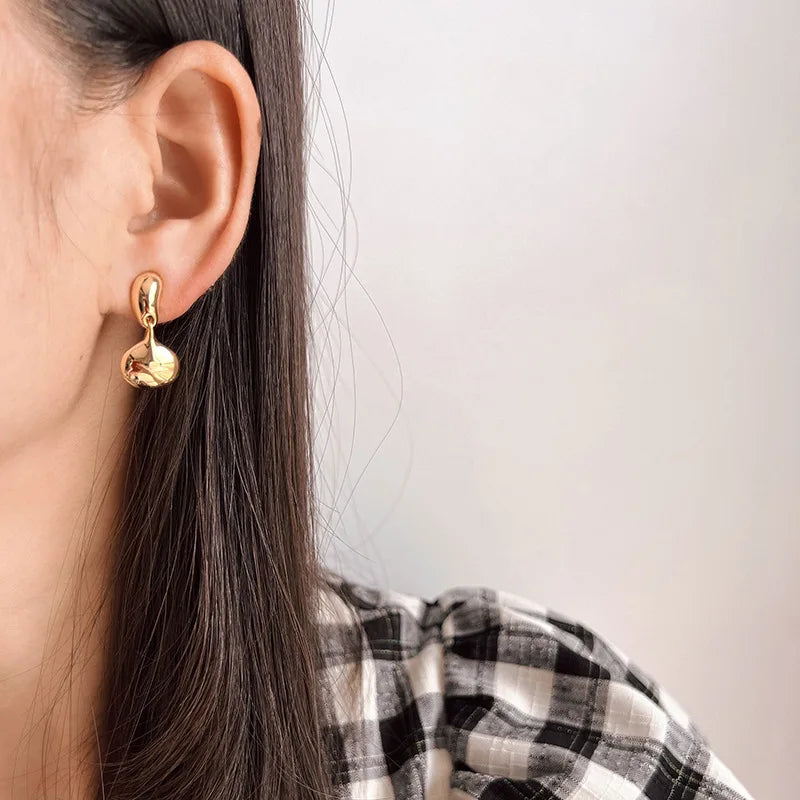Elegant Gold Alloy Smooth Bean Drop Pendant Stud & Clip On No Piercing Minimalist Dangle Earrings