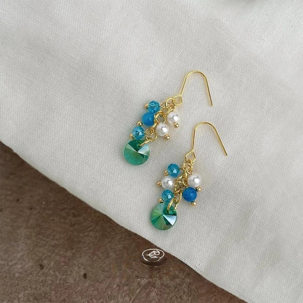 Vacation Style Ocean Blue Glass Crystal Agate Pearl Geometric Round Drop Earrings