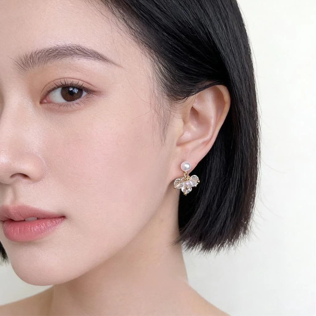 Handmade Crushed Ice Glass Crystal Pearl Tassel Drop Earrings Minimalist Geometric Jewelry