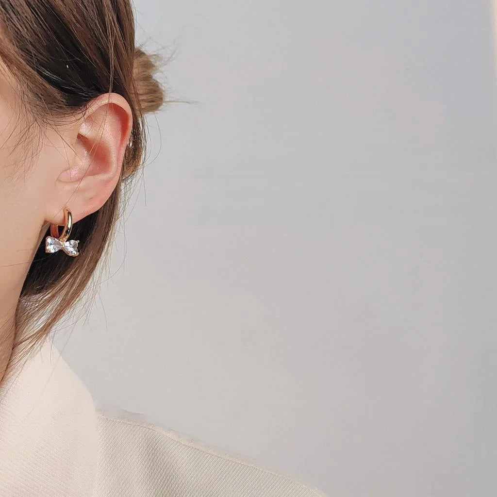French Elegant 14K Gold Plated Copper Zircon Bow Drop Earrings For Women