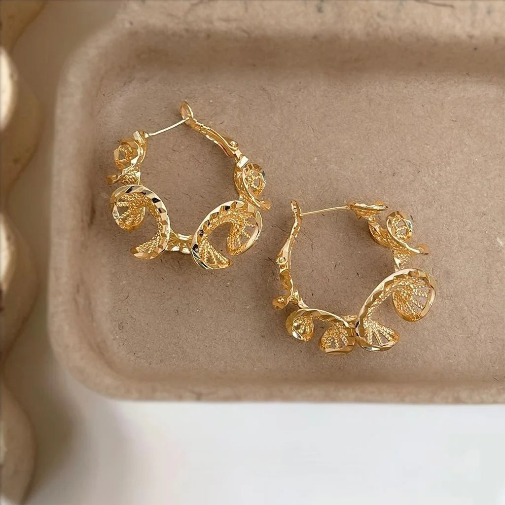Premium Copper Lace Floral Geometric Twisted Hoop Earrings Heavy Texture Fashion Jewelry