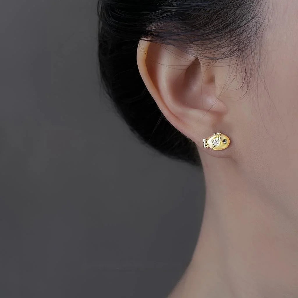 Asymmetric Micro Pave Zircon 14K Plated Goldfish Cat Stud Earrings