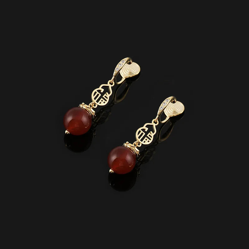 Elegant Chinese Fortune Red Agate Alloy Rhinestone Dangle Stud & Clip On No Piercing Earrings