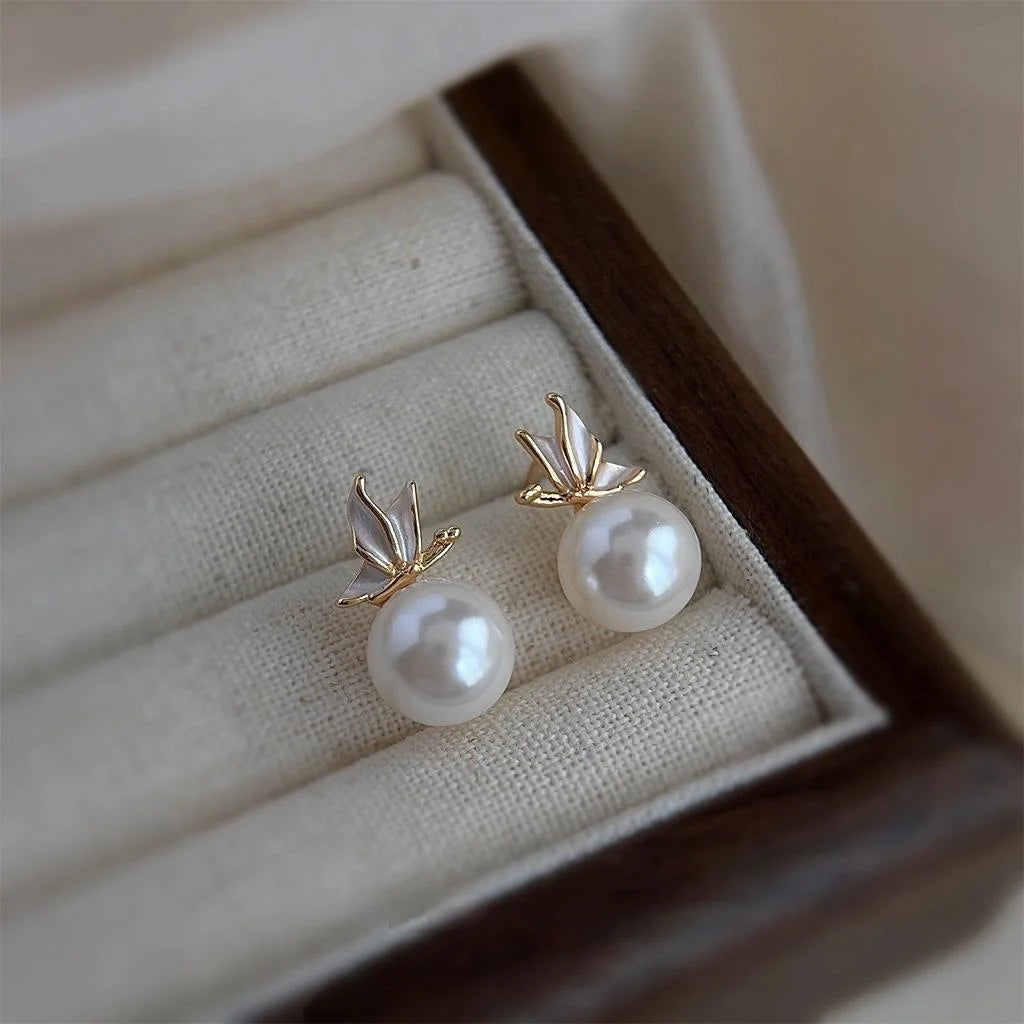 Copper Glass Pearl Butterfly Stud Earrings Forest Fairy Sweet Elegant Jewelry For Women