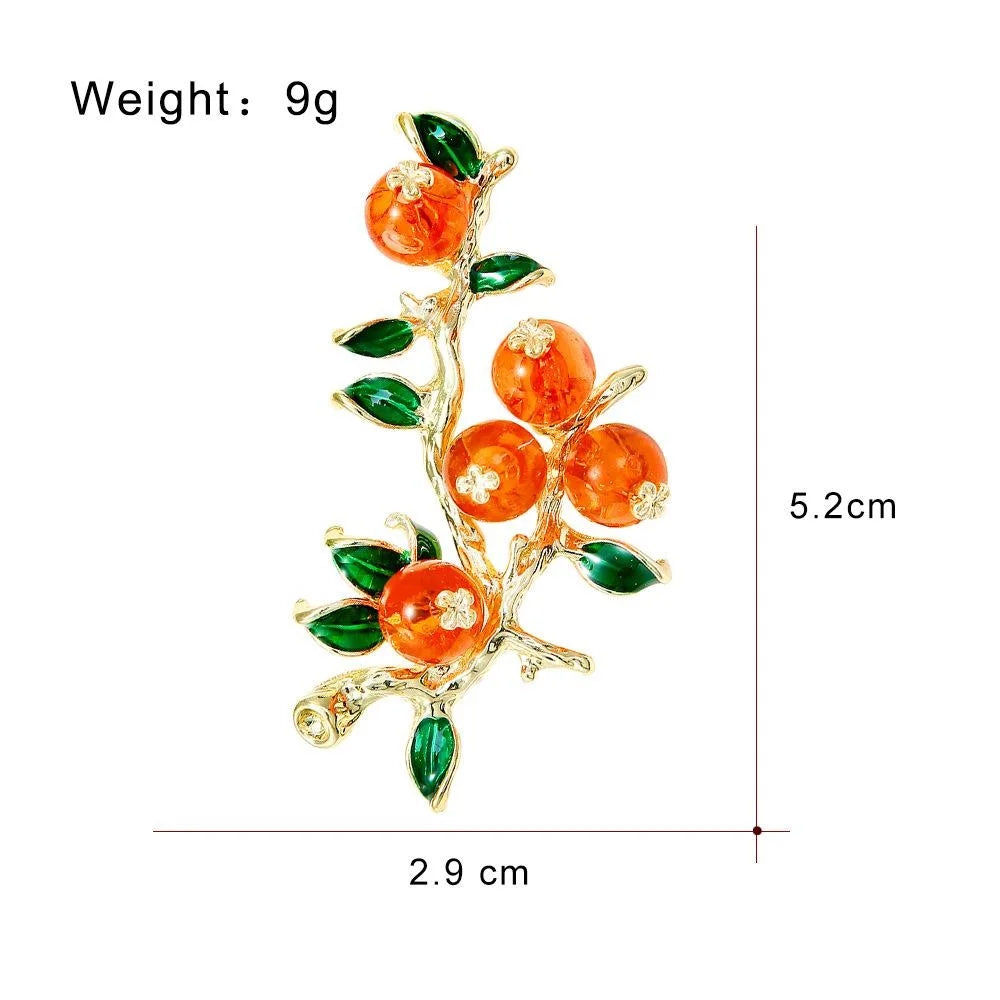 Vintage Persimmon Branch Brooch With Enamel Leaves And Rhinestones, Elegant Alloy Lapel Pin Suit Accessory