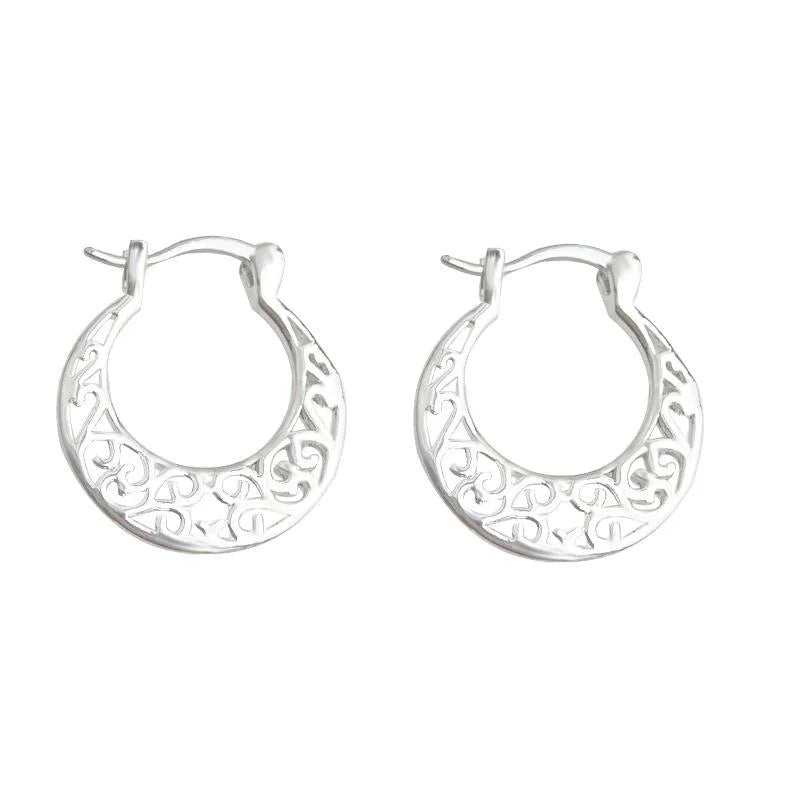 Silver Tone Copper Hollow Geometric Round U Shaped Stud Earrings New Chinese Ethnic Style