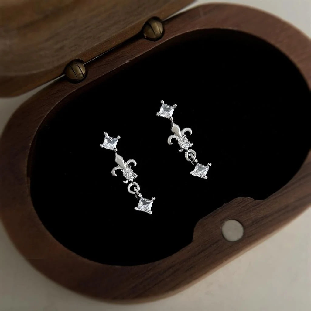Light Luxury Iris Flower Micro Pave Zircon Copper Drop Earrings With Silver Plated Pins