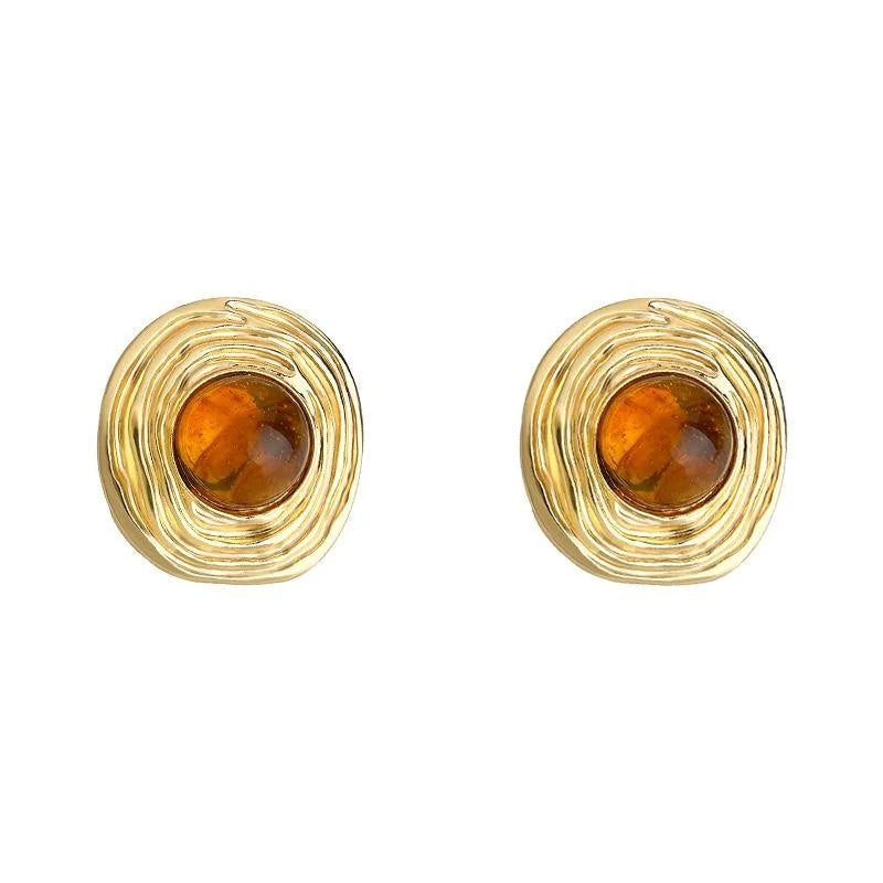 Maillard Style Round Geometric Textured Copper Stud Earrings