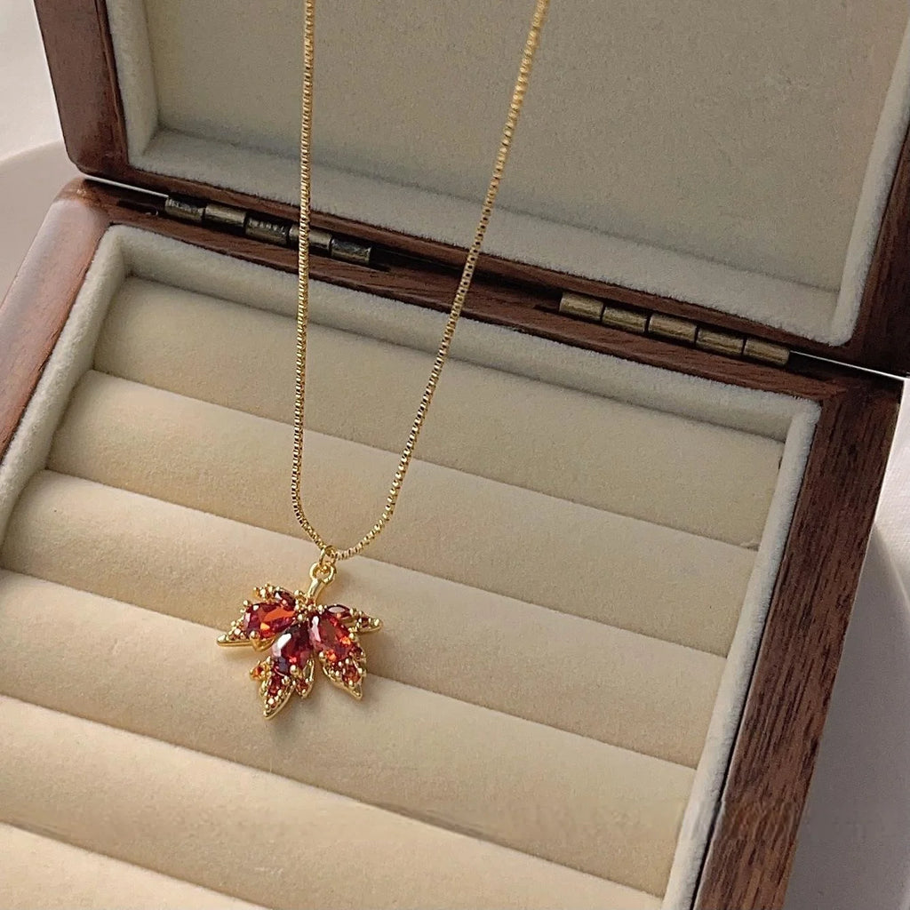 14K Gold Plated Copper Micro Pave Zircon Maple Leaf Pendant Necklace For Women