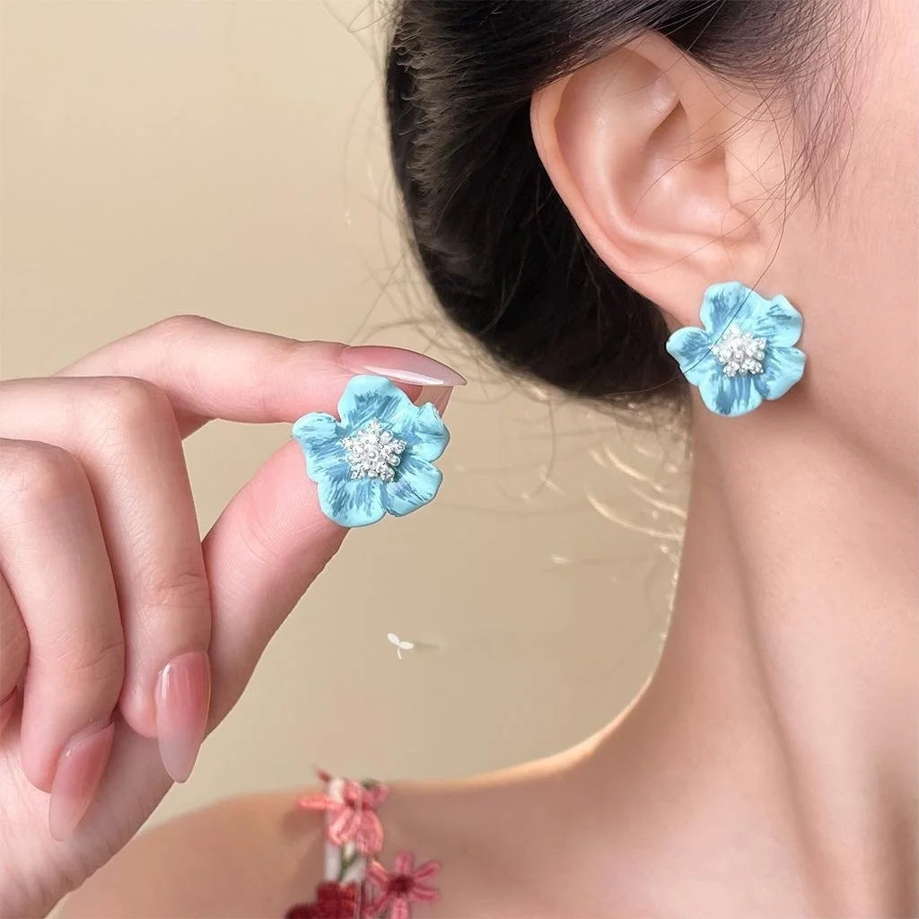 French Sweet Blue Flower Stud Earrings Copper Zircon Pearl Hand Painted Enamel Floral Jewelry