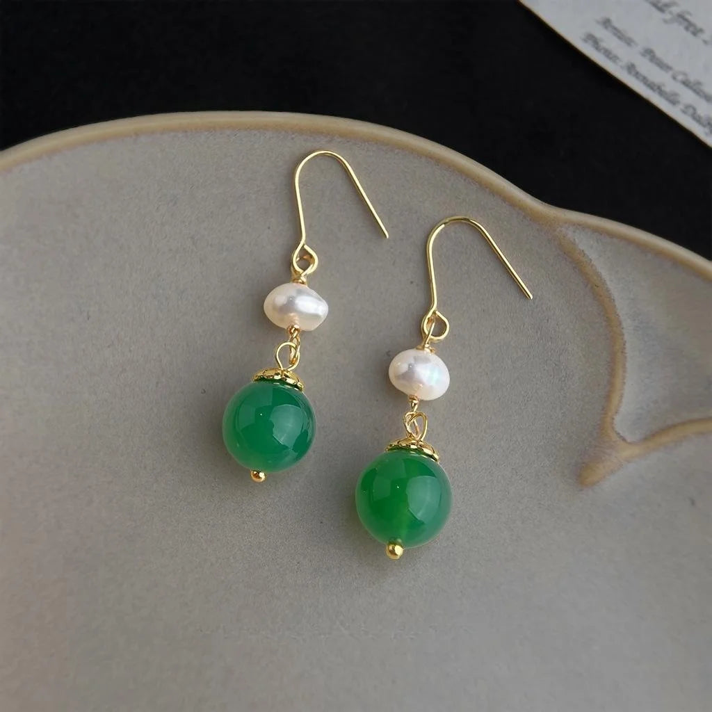 Handmade Green Agate Freshwater Pearl Geometric Bean Drop Earrings Vintage Palace Style