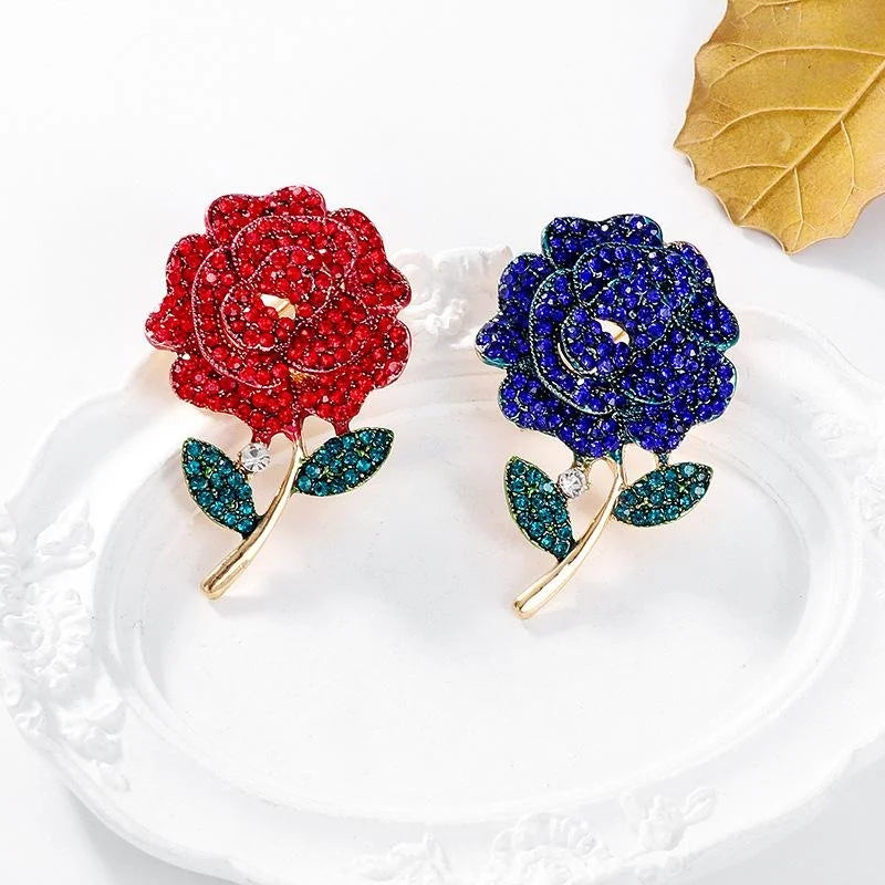 Elegant Red Rose Flower Rhinestone Enamel Brooch, Gold Tone Alloy Lapel Pin Corsage Gift For Women