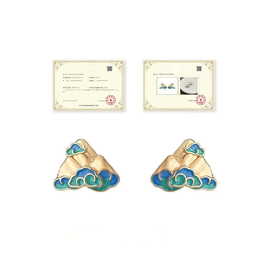 New Chinese Style Geometric Mountain Cloud Painted Enamel Copper Stud Earrings