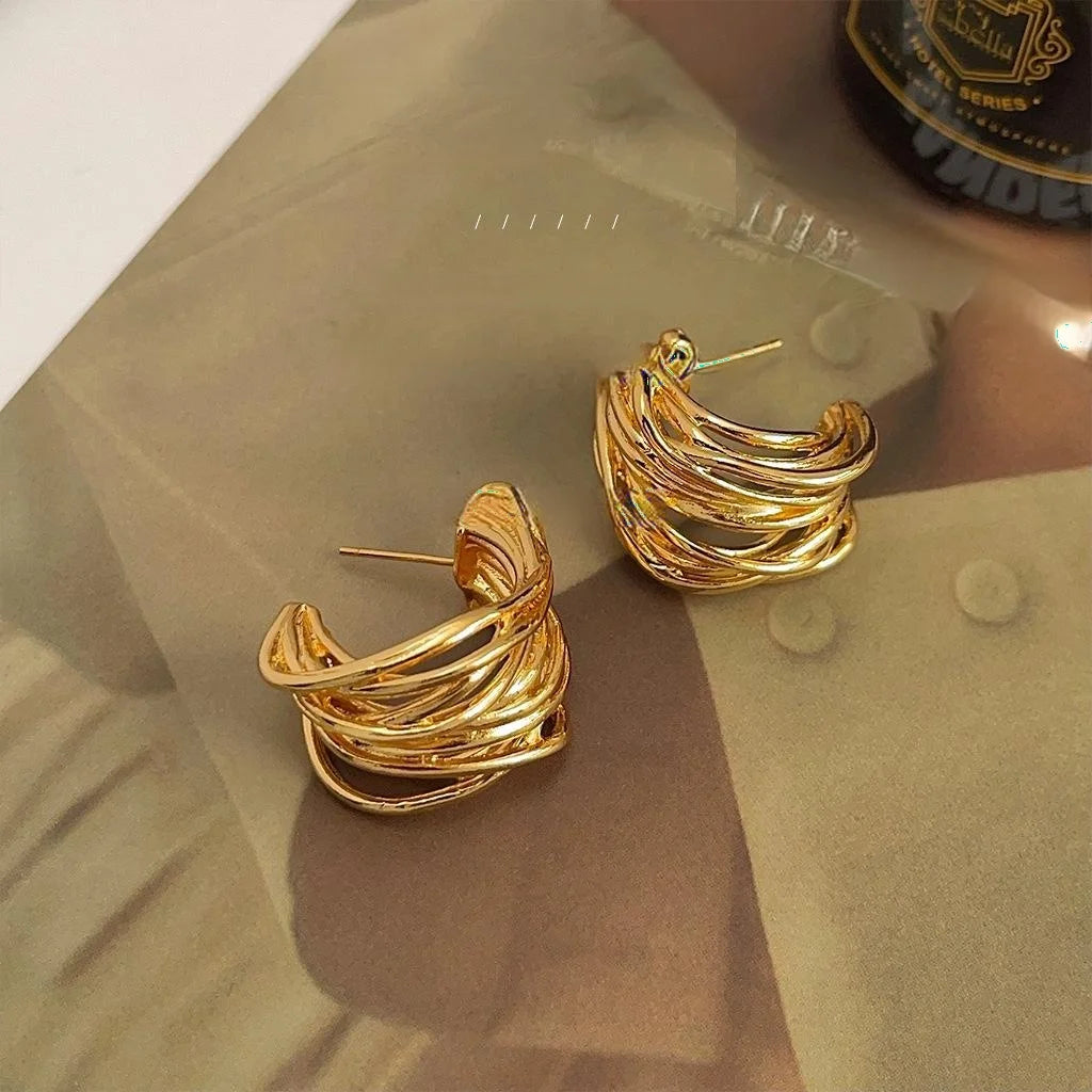 14K Electroplated Copper Geometric Line Drop Earrings European American Fashion Jewelry