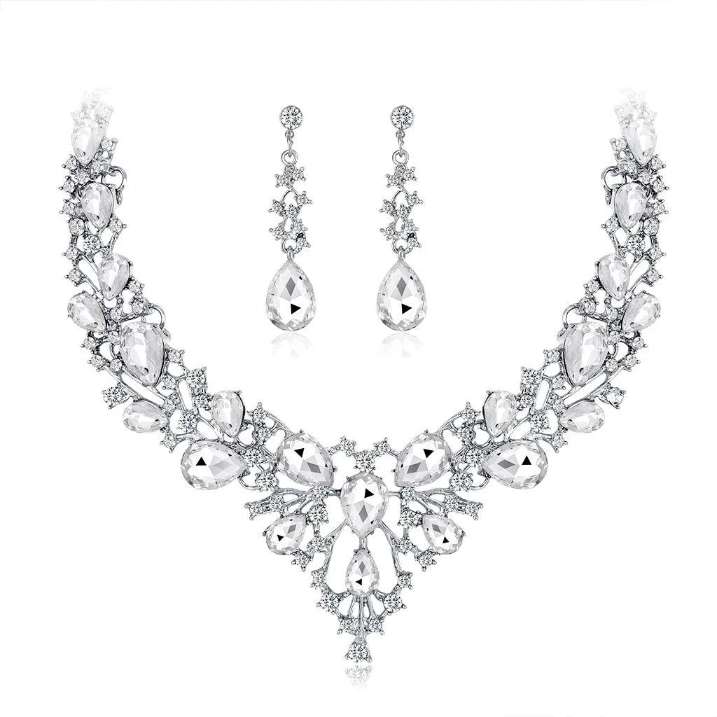 Luxury Bridal Teardrop Crystal Rhinestone Necklace Earrings Jewelry Set For Wedding Banquet Party Gift