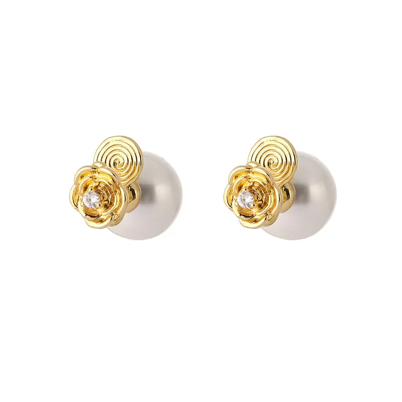 Luxury Camellia Flower Pearl Rhinestone Stud & Clip On No Piercing Elegant Gold Alloy Earrings