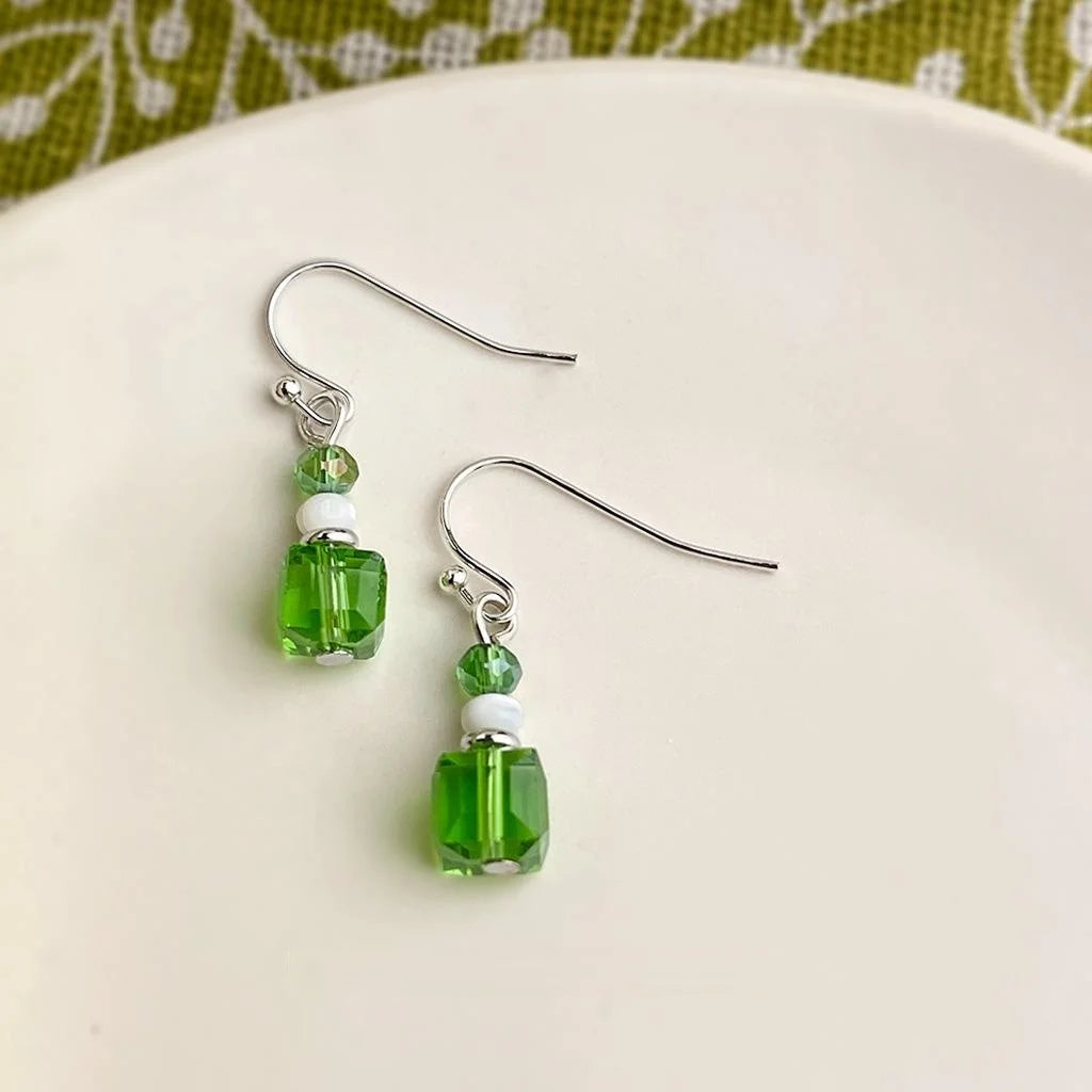 Fresh Green Glass Crystal Imitation Pearl Geometric Round Drop Earrings for Women