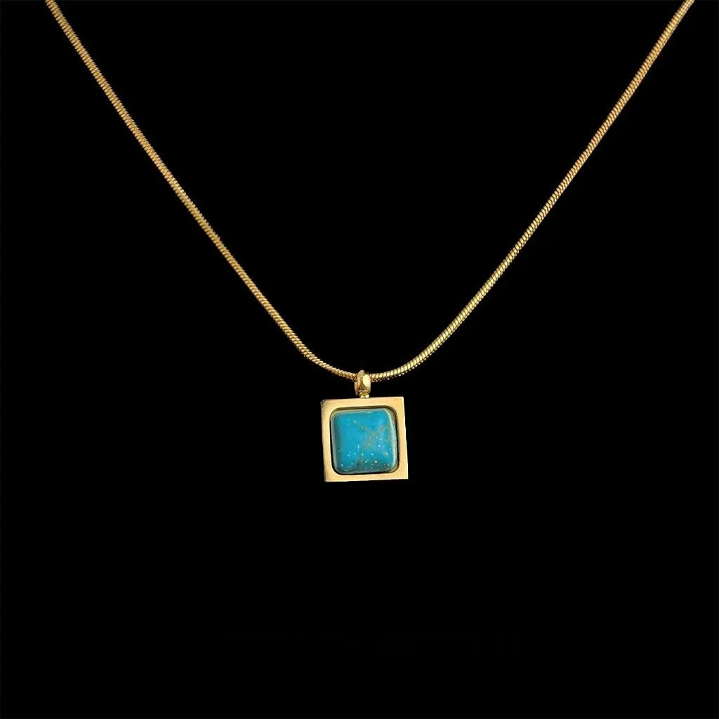 Vintage Stainless Steel Square Synthetic Turquoise Pendant Threaded Chain Necklace