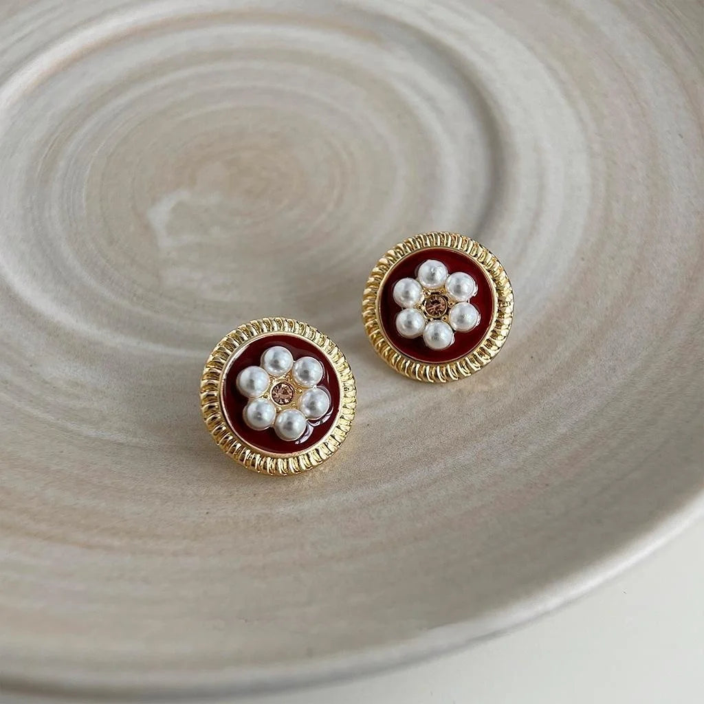 French Retro Burgundy Round Geometric Pearl Copper Stud Earrings With Silver Plated Pins