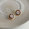 French Retro Burgundy Round Geometric Pearl Copper Stud Earrings With Silver Plated Pins