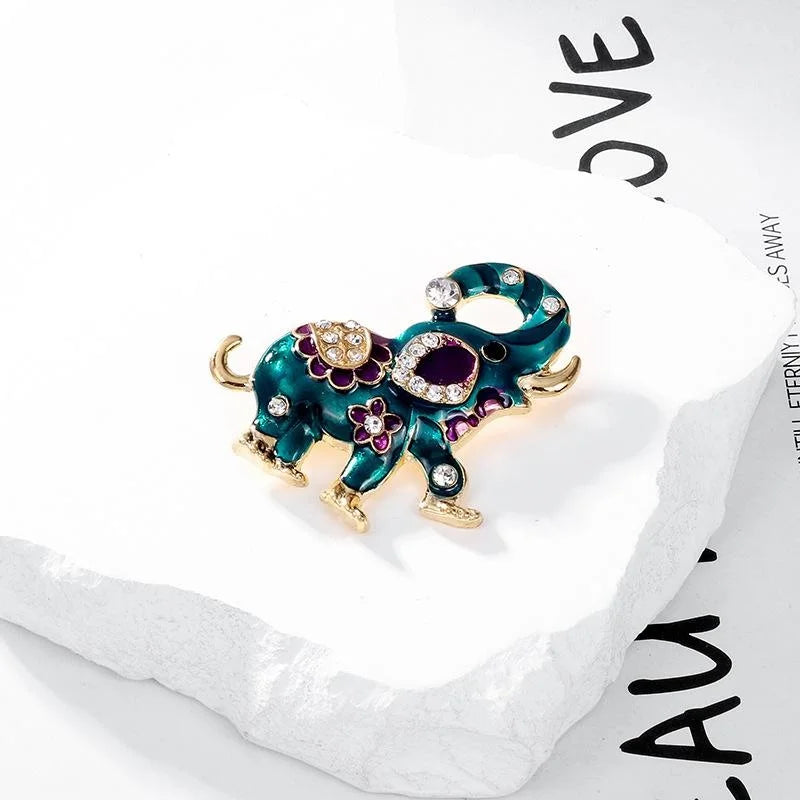 Elegant Ethnic Elephant Brooch With Teal Enamel And Rhinestone Alloy Lapel Pin Corsage Suit Accessory Gift