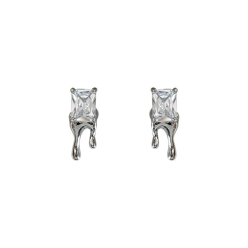 Geometric Sugar Cube Zircon Copper Stud Earrings Liquid Lava Waterdrop Sweet Cool Minimalist Jewelry