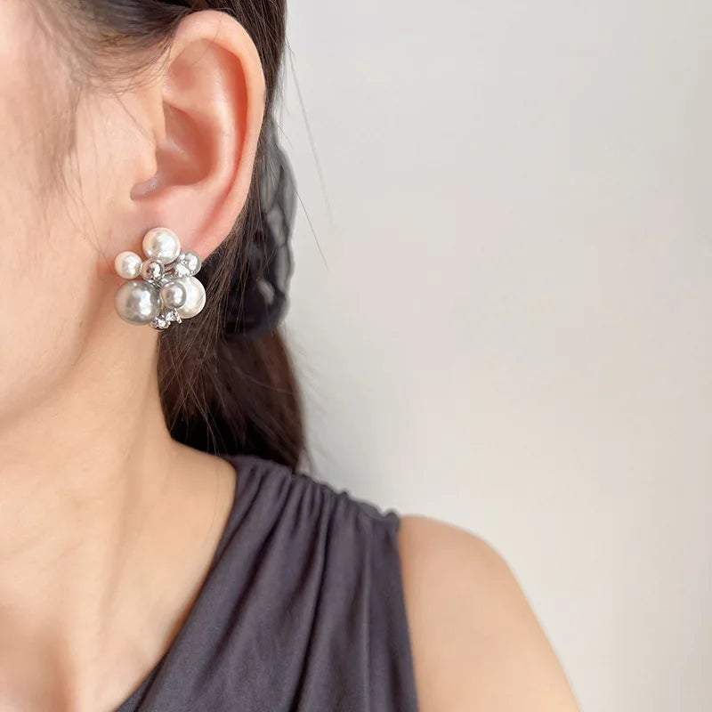Luxury Grey Pearl Firework Cluster Rhinestone Stud & Clip On No Piercing Women's Fashion Earrings