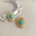 Vintage Oval Synthetic Turquoise Copper Sunflower Court Style Drop Earrings For Women