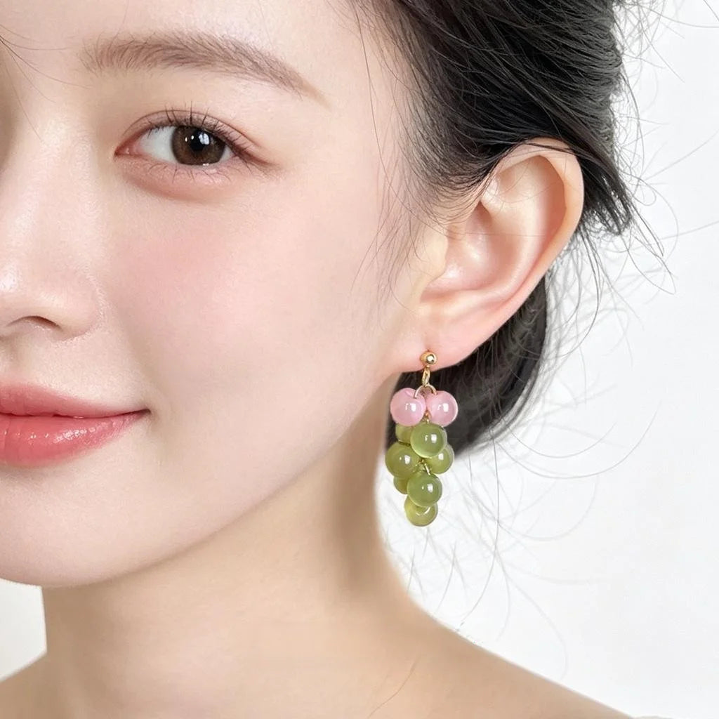 Fresh Sweet Resin Green Grape Cluster Drop Earrings Handmade Summer Fruit Geometric Jewelry