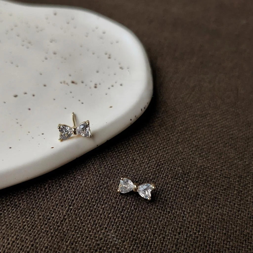 Cute 14K Plated Copper Micro Pave Zircon Bow Stud Earrings Korean Japanese Style