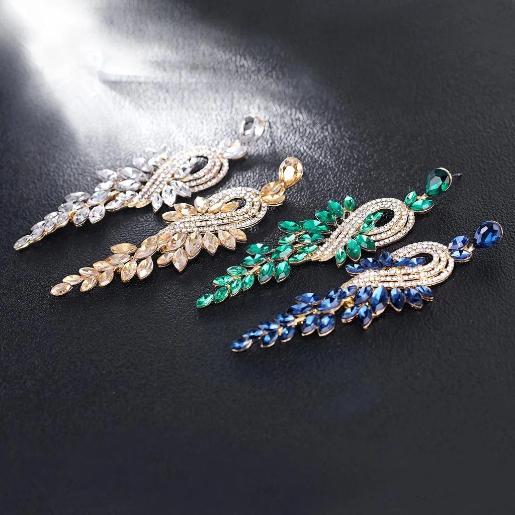 Luxury Green Crystal Leaf Tassel Earrings, Gold Alloy Rhinestone Geometric Dangle Jewelry For Wedding Party