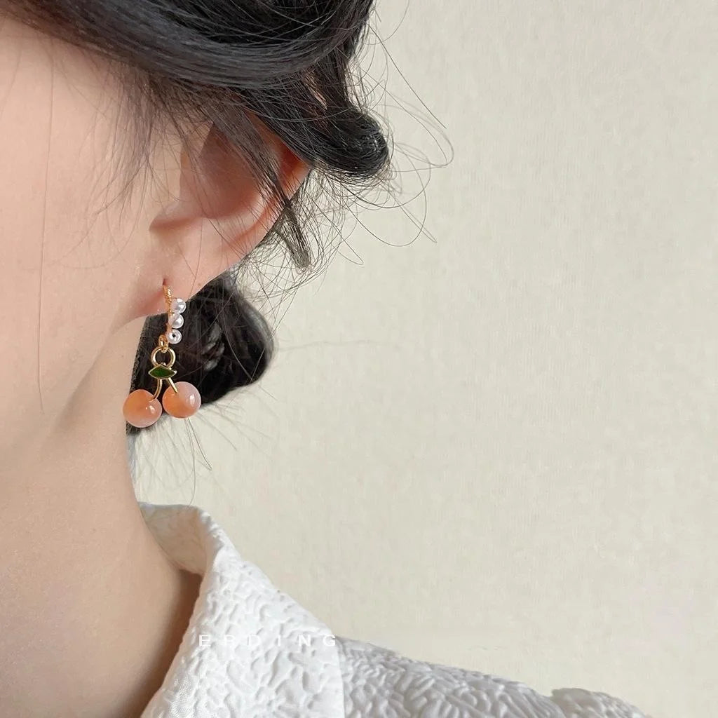 Handmade Cherry Drop Earrings With Copper And Lustrous Pearl Sweet Pastoral Fruit Jewelry