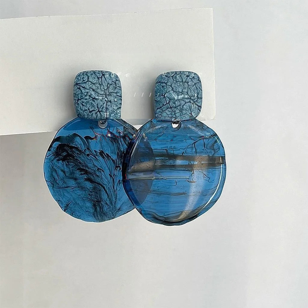 Glacier Blue Resin Round Geometric Drop Earrings, Statement Vacation Style Women's Jewelry