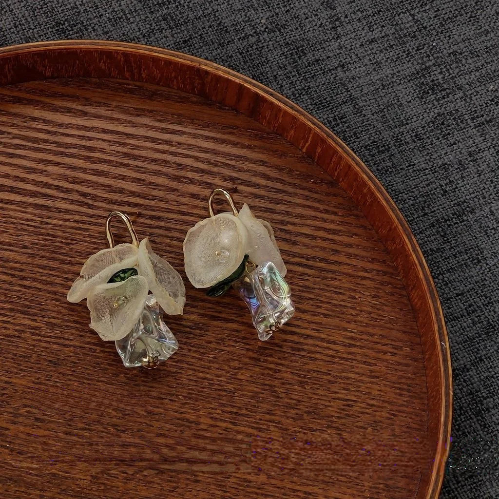 14K Plated Lightweight Acrylic Sheer Gauze Flower Drop Earrings For Women Vintage Forest Style