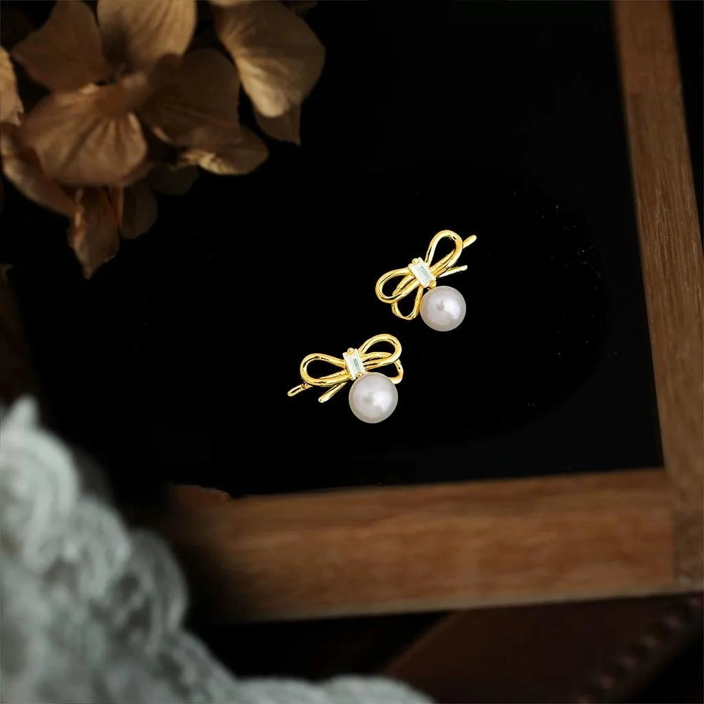Fashion Bow Freshwater Pearl Stud Earrings Copper Hollow Rope Knot Sweet Commuter Jewelry